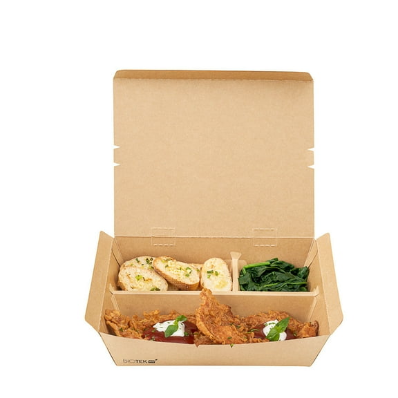 Bio Tek 51 oz Rectangle Kraft Paper Bento Box - 3-Compartment - 9 1/2" x 7 1/2" x 2" - 100 count box