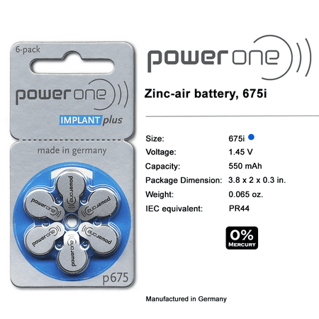 Power One Size 675 No Mercury Cochlear Implant Batteries (60 batteries)