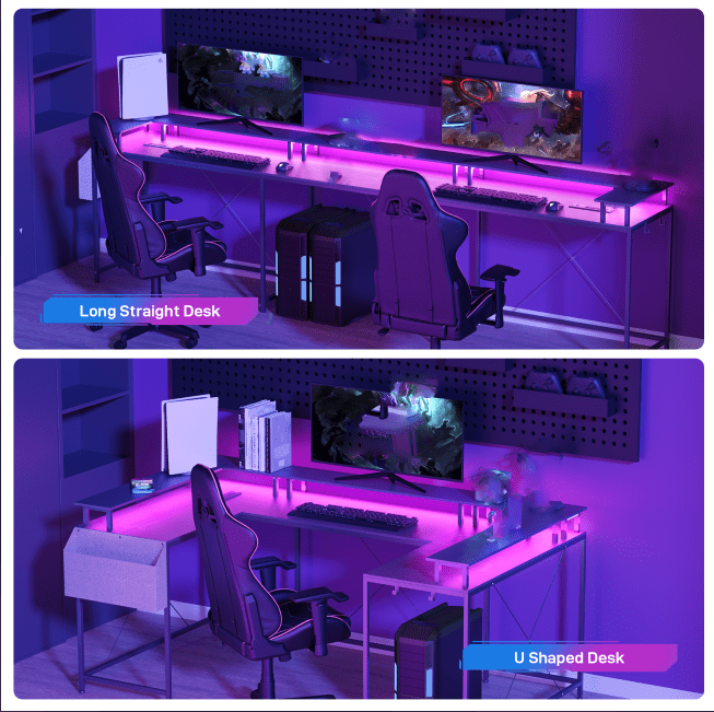 Huisuilinss U Shaped Desk Large Corner Office Desk With Monitor Stands PC Gaming Desk With Power Outlet & LED Lights Reversible L Shaped Computer Desk For Home Office