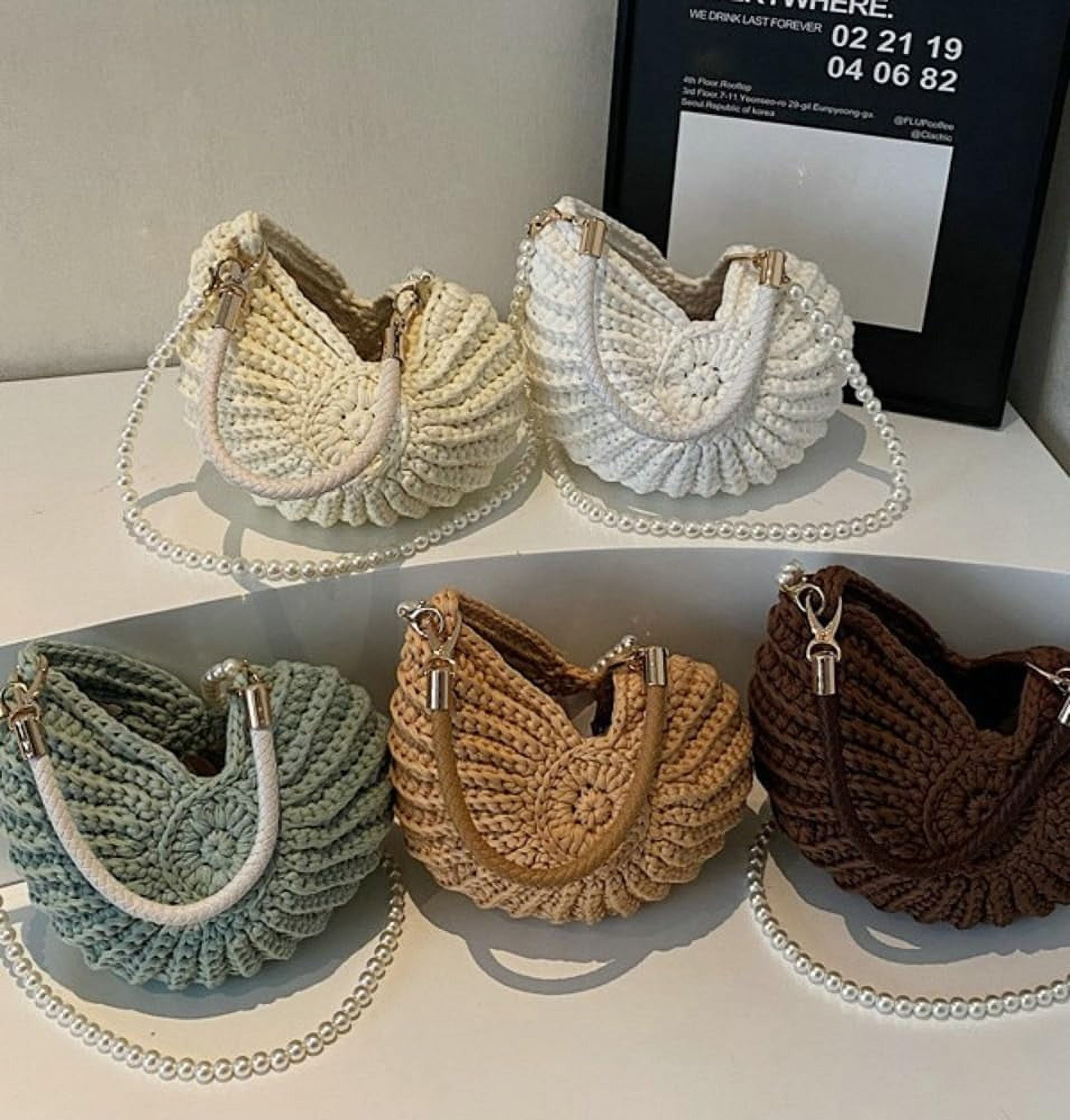 MMYGU Handwoven Seashell Bag for Women Crochet Beach Bag Boho Clutch with Pearl Strap Leather Handle Unique Design 2025