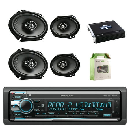 Custom Fit Coaxial 2 Way - Kenwood Single Din CD/AM/FM Car Audio Receiver W/ Bluetooth with Kenwood Performance Series 6.8 Inch 720W 3-Way Custom Fit Coaxial Speaker Black 2- Paris, Autotek 4.chan Amplifier & Enrock Wiring Kit