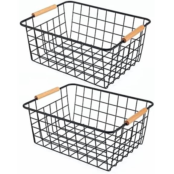 Black 2PCS Wire Storage Baskets with Wooden Handles - Organizing Pantry and Kitchen Cabinets - Metal Wire Food Storage Basket