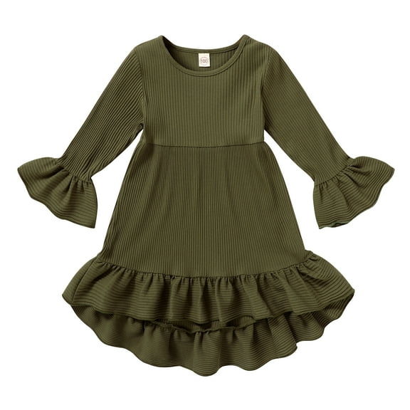 Happy Town Toddler Baby Girls Fall/Winter Clothes Solid Long Sleeve Dress Irregular Casual Dress