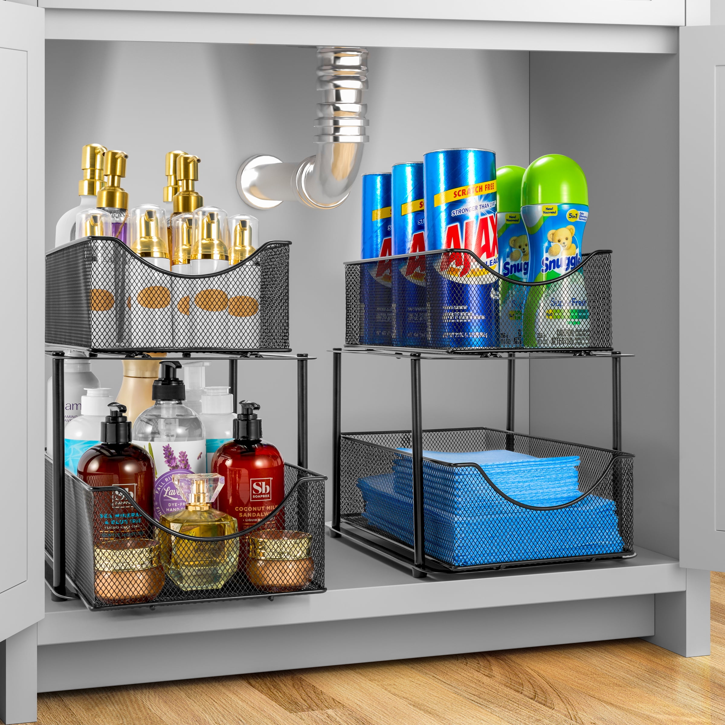 Sorbus 2 Sets of 2 Tier Metal Under Sink Organizer for Bathroom, Kitchen, Strong Steel Mesh Sliding Drawers for Under Sink, Under Cabinet, Closet, Kitchen, Pantry, Bathroom Organizers and Storage