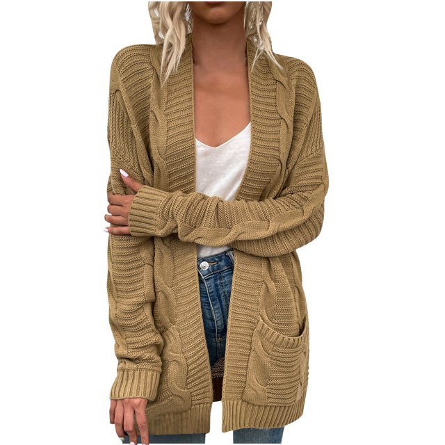 jsaierl Mode pour Femmes Automne Hiver Couleur Unie Poche Cardigan à Manches Longues Chandail Veste Hauts
