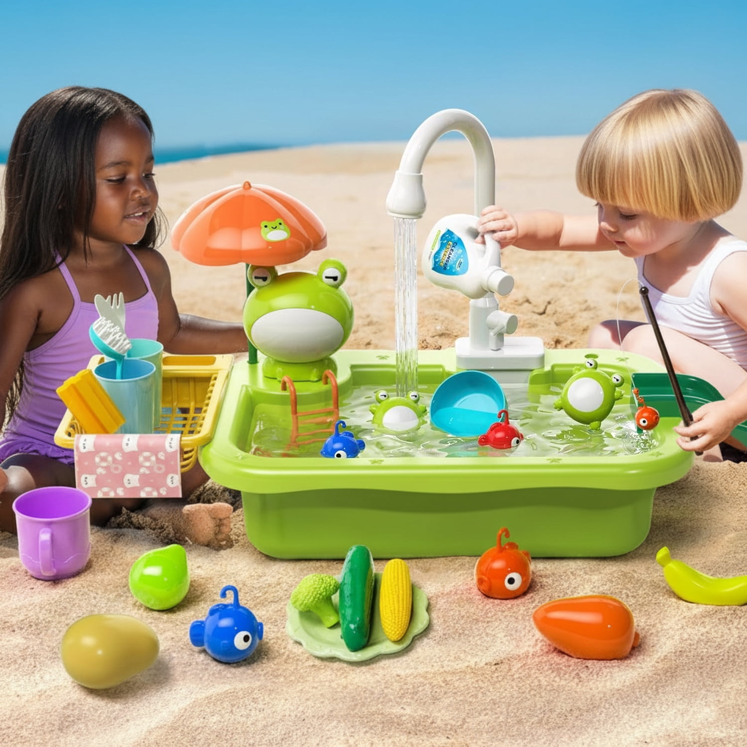 LieGorJi Play Sink with Running Water, Kitchen Kids Sink Toys with Fishing Game, Dishwasher Play Set for Floating Pool Water Play, Birthday Gifts for 1 2 3 4 5 6 7 8 Year Old