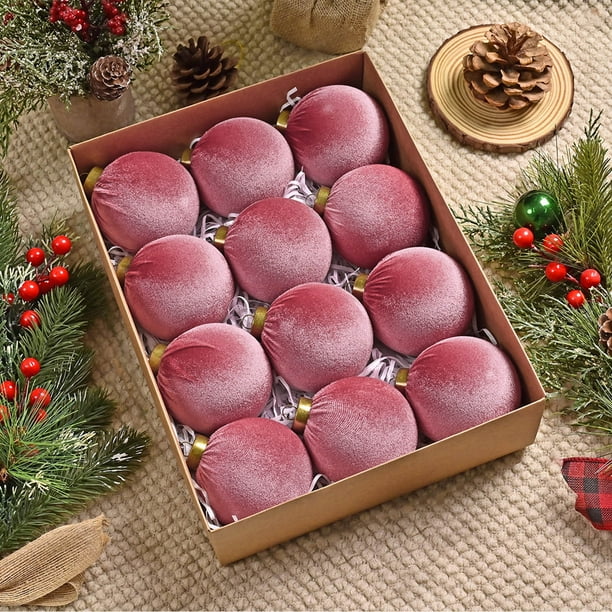 Adornos navideños, adornos navideños, regalos navideños, 12 bolas navideñas de terciopelo flocadas, adornos navideños de plástico, adornos colgantes decorativos navideños, decoración para árbol de Nav