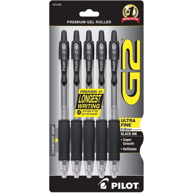 Bolígrafos de gel PILOT G2 0,38 mm negro ultra fino, paquete de 5