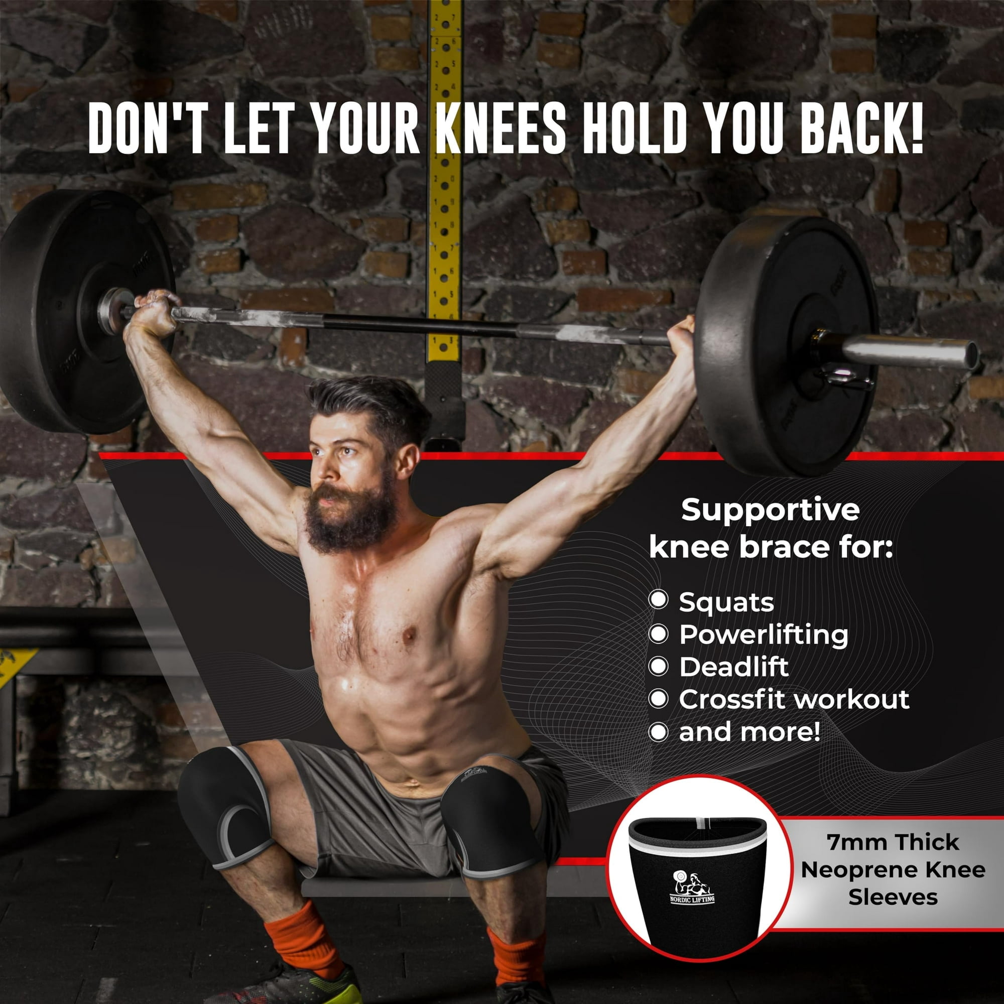 Nordic Lifting 7mm Neoprene Knee Brace Compression Sleeves For Support, 1 Pair, Black , Medium