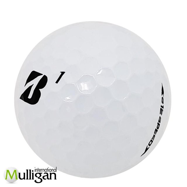 Mulligan - 48 Bridgestone e12 Speed (B) 4A Recycled Used Golf Balls, white dimpled golf ball with black Bridgestone 'B' logo, number 1, and 'e12 speed' text, eco-friendly recycled design suitable for all skill levels and golf practice.