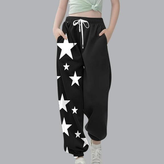 fnnxnal Girl's Sweatpants for Girls Kids, Black, Size 13-14 T, Winter Warm, Straight Casual, Loose Long, Girls' Drawstring, Leg Straight, Athletic Leggings with Pockets, Printed