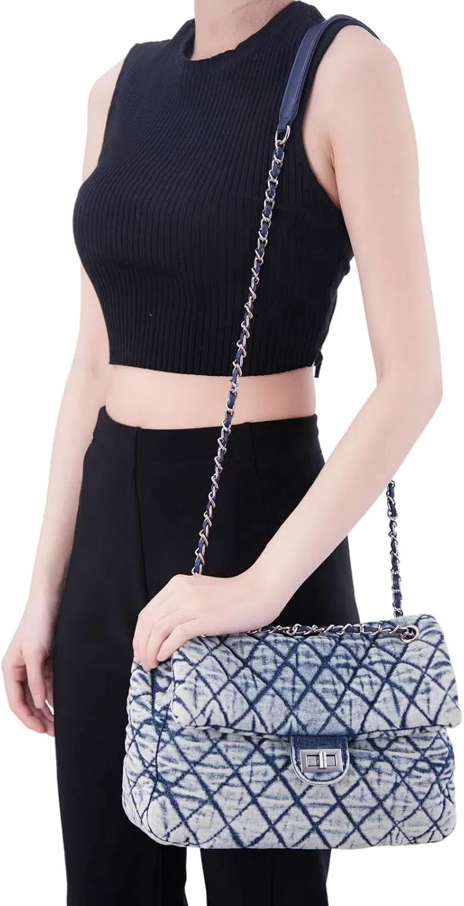 NANAHuang Retro Quilted Denim Purses for Women Crossbody Tote Bag for Womens Shoulder Bags Chain Over Washed Jeans Handbags Black Blue