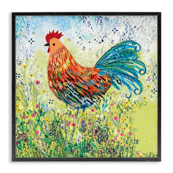 Cockerel Rooster in Colorful Garden Black Framed Giclee Art, 12 x 12, Made In USA