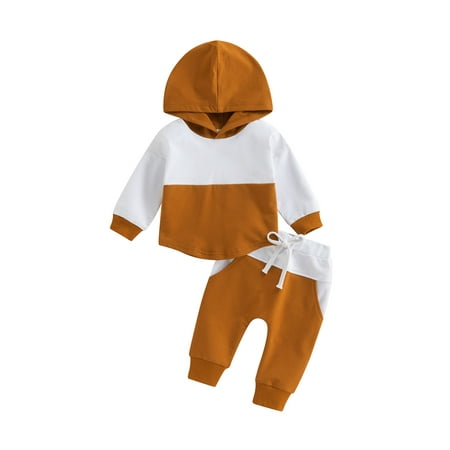 

Calsunbaby Toddler Baby Fall Outfits Long Sleeve Contrast Color Hoodie Sweatshirt Pocket Pants Little Kid Boys 2Pcs Sets Caramel 18-24 Months