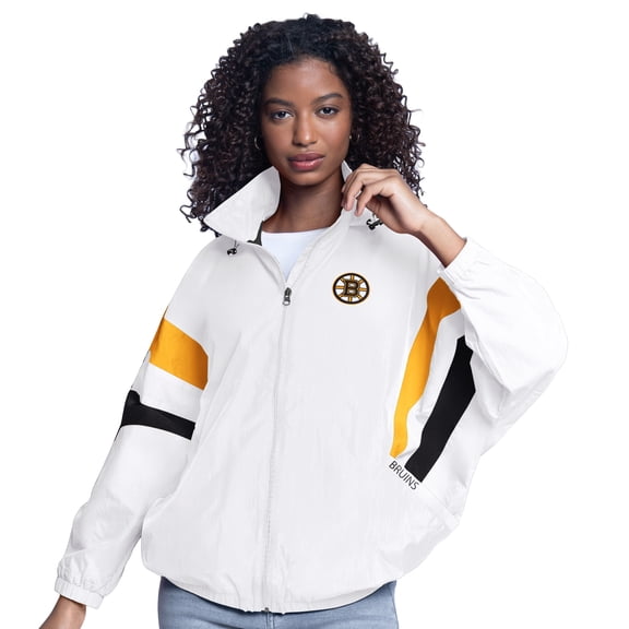 Women's-G-III Sports by Carl Banks  White Boston Bruins Game News Oversized Full-Zip Hoodie Jacket