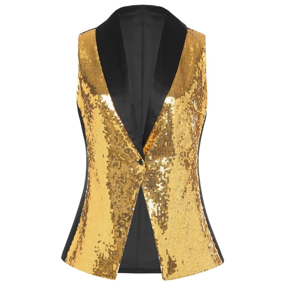 inhzoy Womens Sequin Suit Vest Sleeveless Shawl Lapel Glitter Waistcoat One Button Jazz Disco Dance Clubwear Gold S