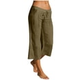 thumbnail image 3 of Womens Cotton Linen Straight Leg Capri Pants with Pockets, Mid Waisted Elastic Waist Loose Fit, Casual Summer Trousers, Beach Outdoor Lounge Cropped Pants for Women | UKHCCC,Army Green L, 3 of 8