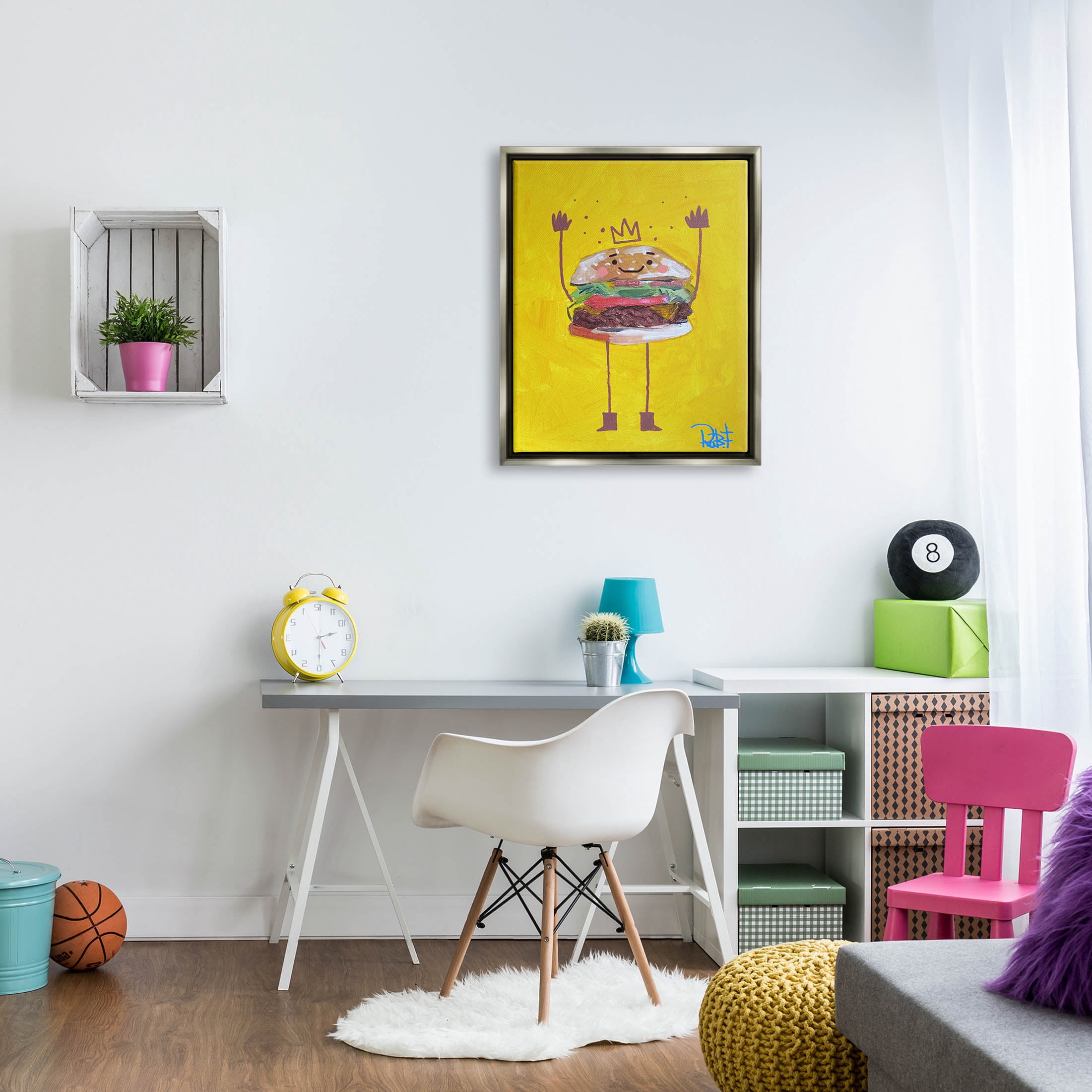 Stupell Industries Smiling Hamburger Crown Food Character Painting Luster Gray Floating Framed Canvas Print Wall Art, Design by Robert Filiuta