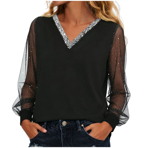 Rotm Sequin Top Sequin Tops for Women Dressy Casual Long Sleeve Sparkly Velvet Top Cowl Neck New Years Eve Outfits Quiet Luxury Clothes Black,3XL