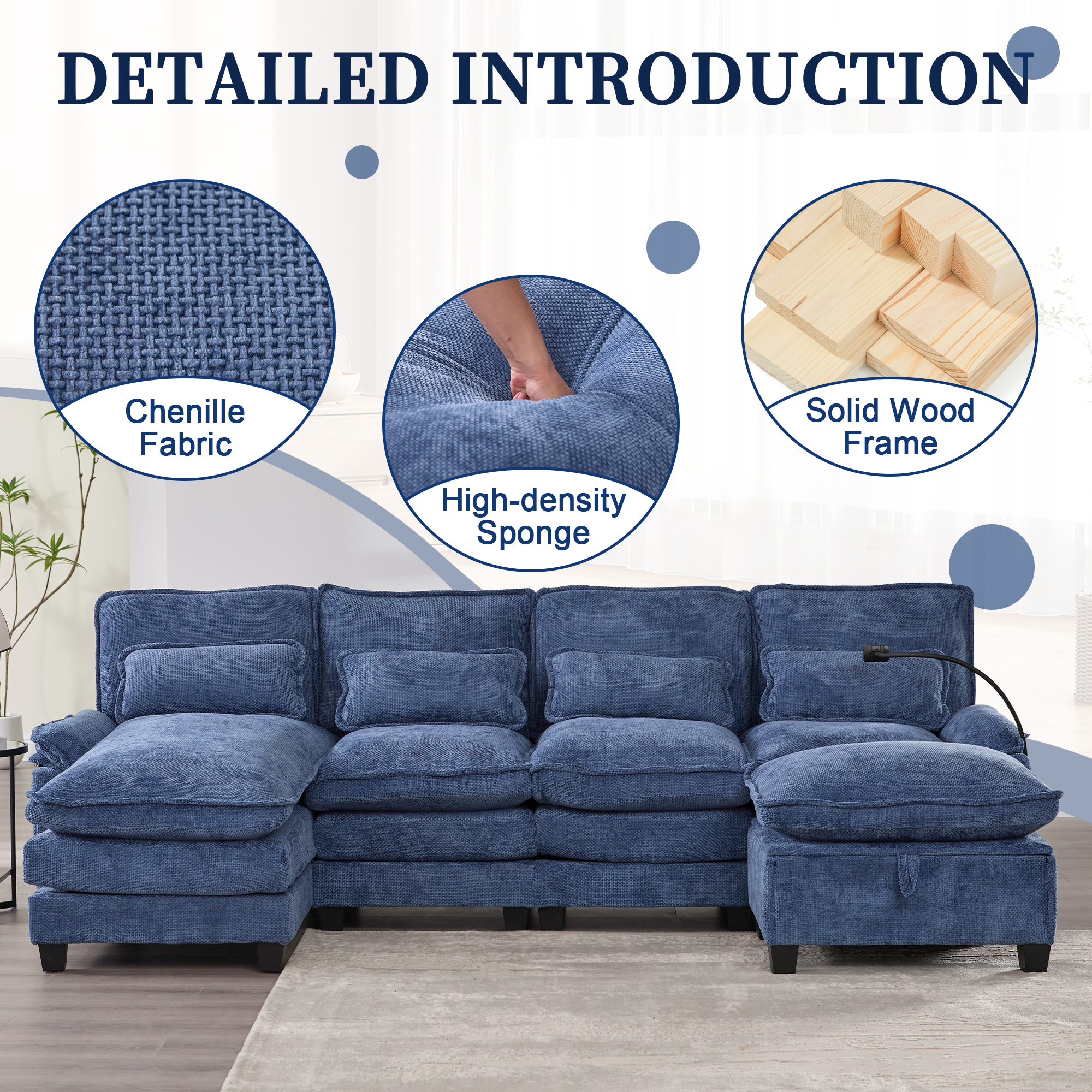 MOONMISS Chenille Upholstered Oversized U-shaped Comfy Modular Sectional Sofa with Storage Ottoman-Navy Blue