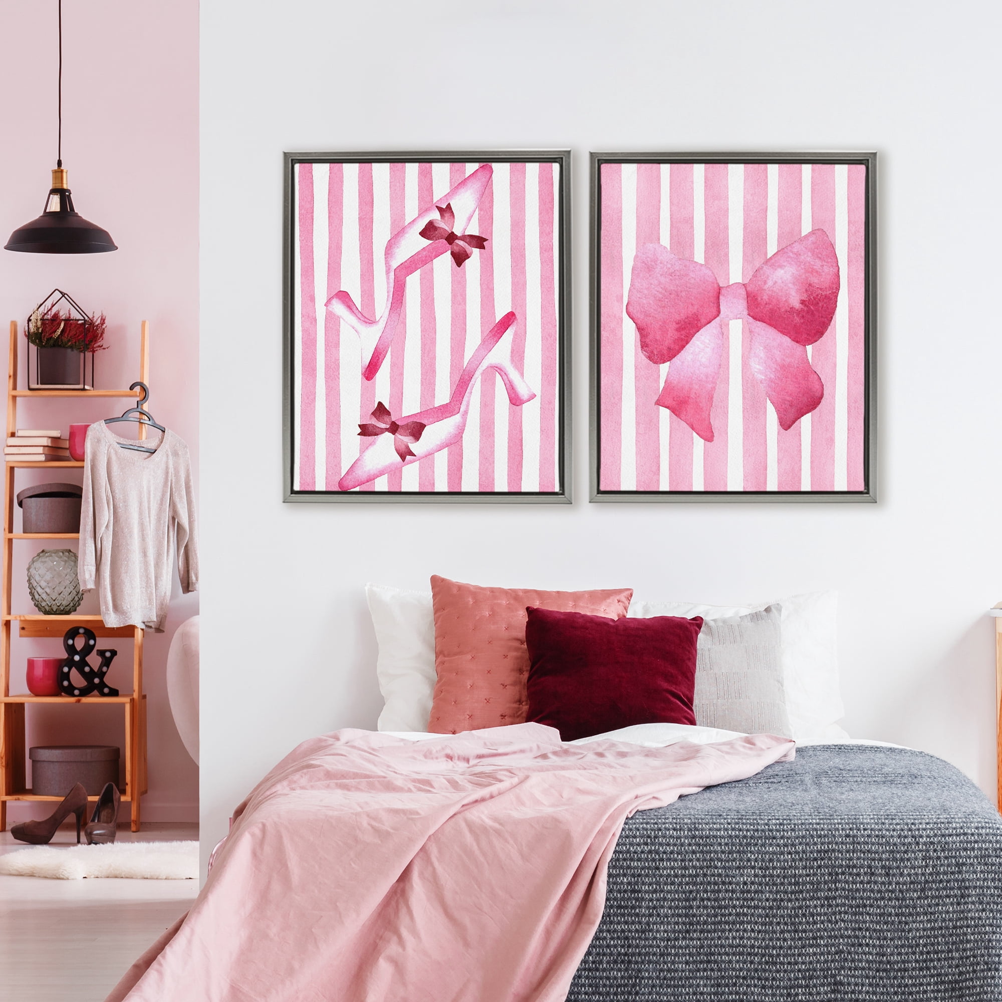 Stupell Industries Feminine Chic Bows Pink Stripes 2 Piece Gray Framed Floater Canvas Set, design by Camila Juncos