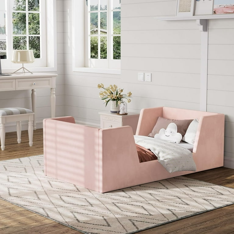 Lilypelle Toddler Bed Frame, Toddler Floor Bed With Removable Guard Rails, Small Bed For Boys And Girls, Standard Crib Size Toddler Bed,55.9 X 31.5 X 23.2 In,Pink