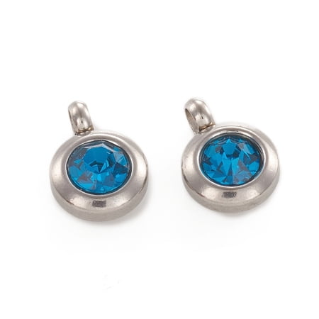 10pcs Trendy Original color 304 Stainless Steel Faceted Grade A Rhinestone Flat Round Pendants April Birthstone Stainless Steel color Indicolite 9x6.5x4mm Hole: 2mm