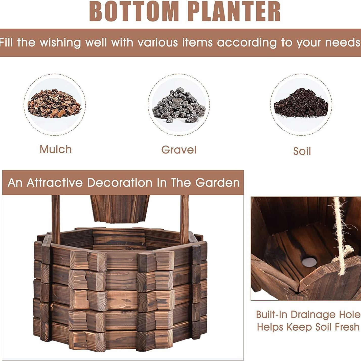 BAYUELSWU Wishing Wells for Yard, Wooden Wishing Well Planter with Hanging Bucket Decor for Garden Patio Lawn Backyard (Brown)