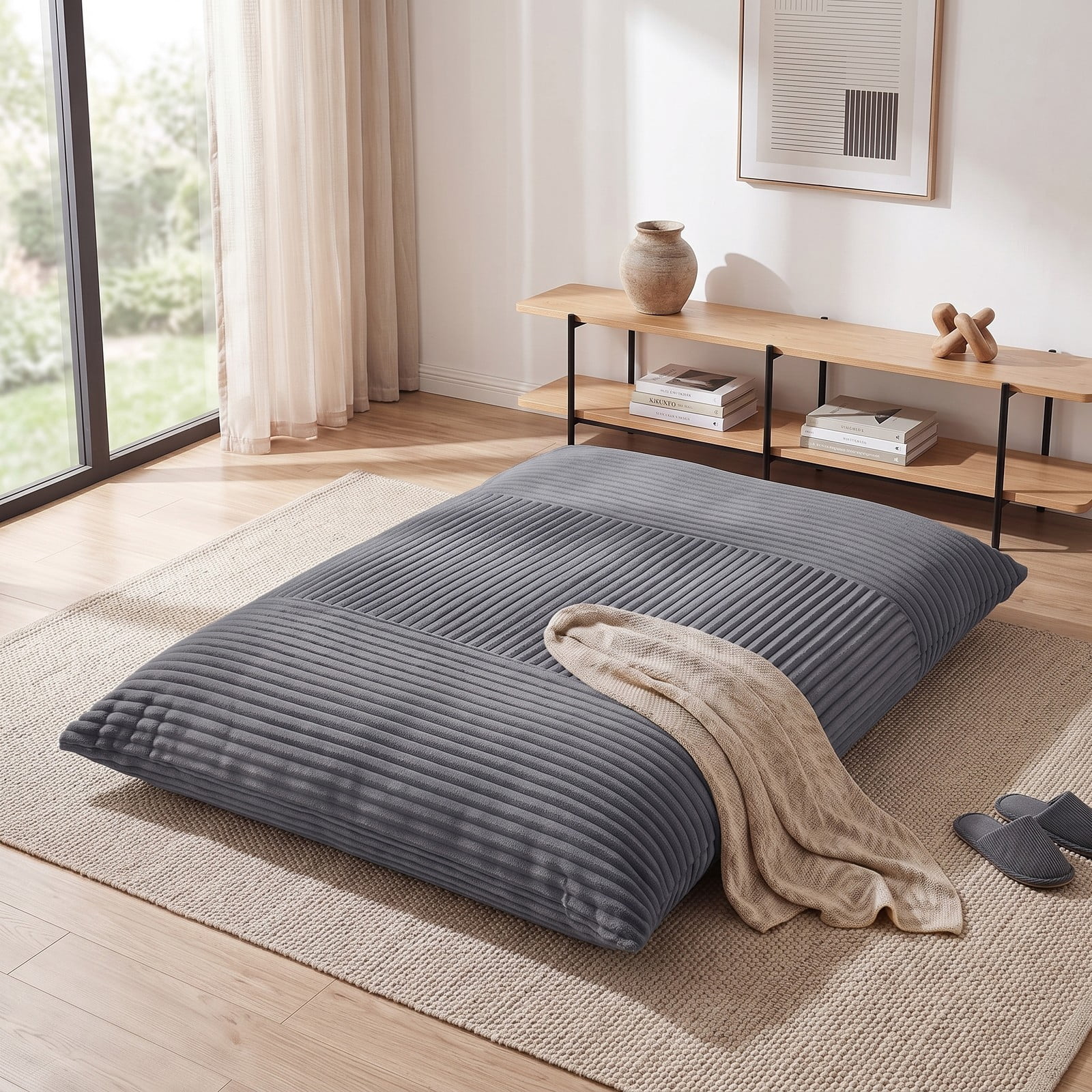 Furnibear 3-in-1 Large Bean Bag Chair, Convertible Corduroy Bed Sofa Lounger with Cozy Sponge Filling and Removable Washable Cover for Dorm Living Room Bedroom, Gray