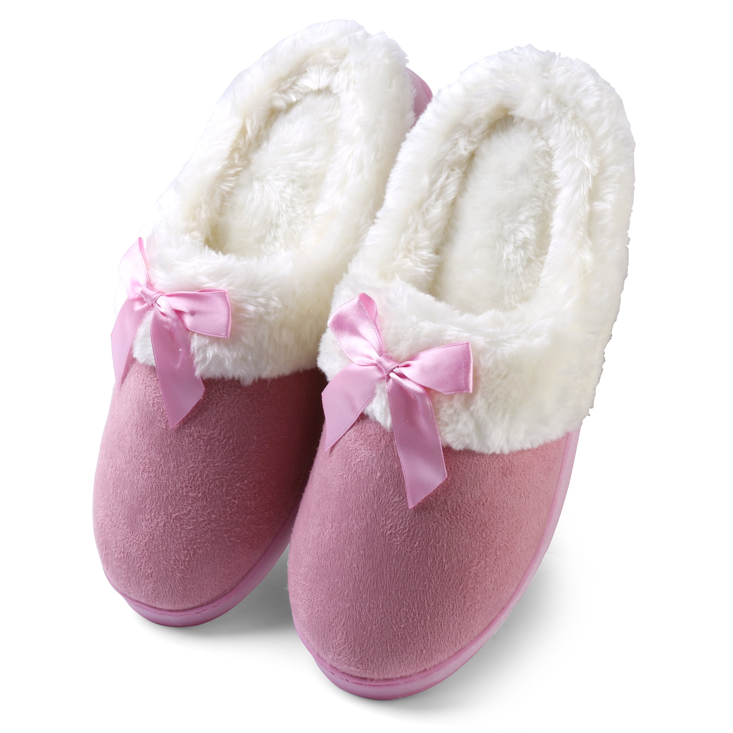 Women’s Soft & Cozy Memory Foam Plush Slippers with Ribbon Bow and Non-Slip Rubber Sole – Indoor Outdoor Spa House Shoes
