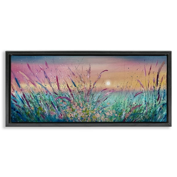 Stupell Industries Pond Reeds Sprouting at Sunset Landscape Painting Black Floater Framed Canvas Art Print Wall Art, 25 x 11