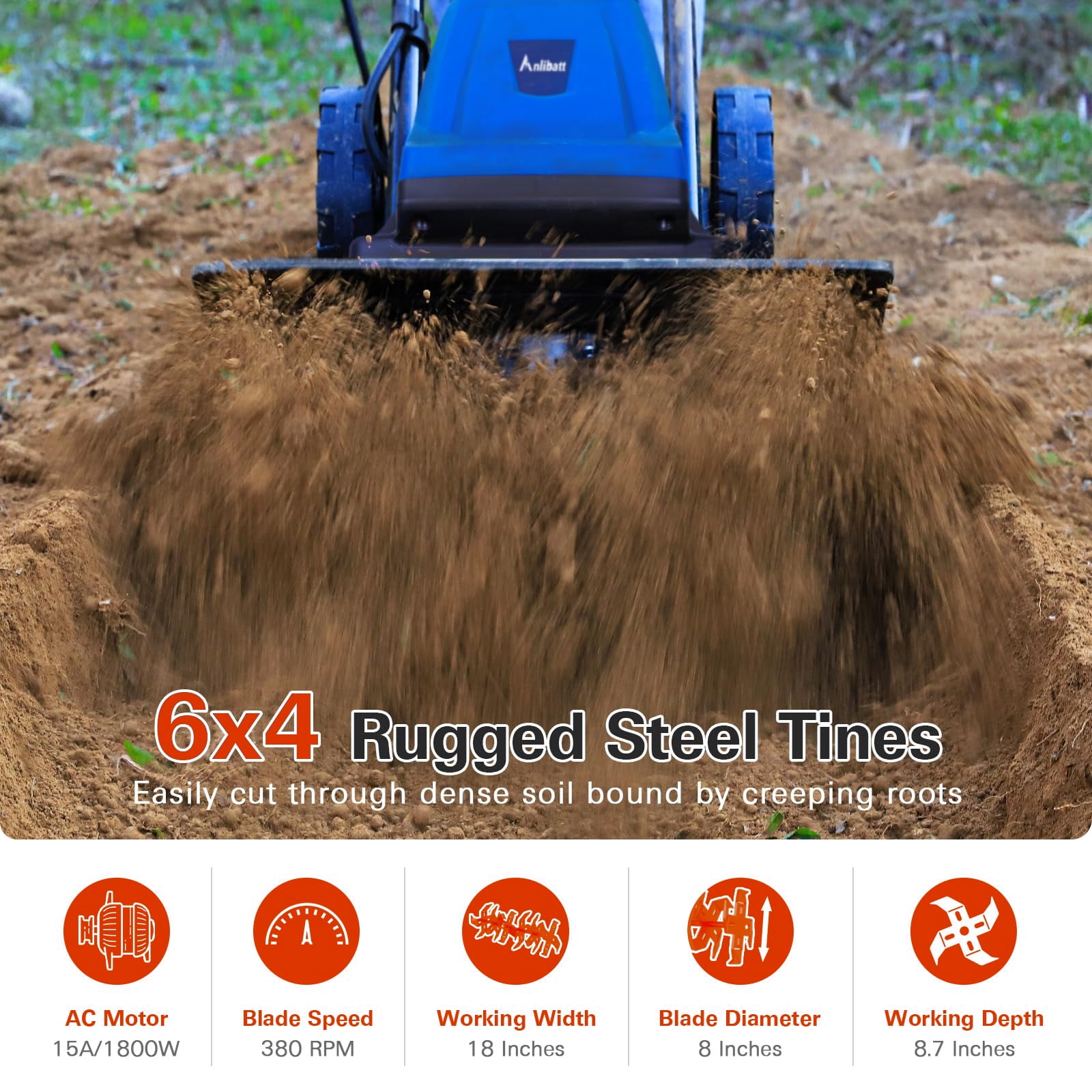 18 in Electric Tiller Cultivator Corded 15 Amp 6 Steel Tines Tillers for Gardening, Garden Rototiller for Soil Digging with Adjustable Wheels