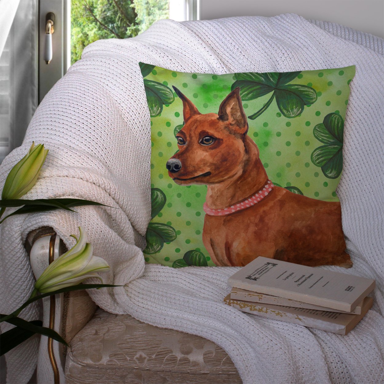 Carolines Treasures BB9830PW1414 Miniature Pinscher St Patricks Fabric Decorative Pillow 14Hx14W multicolor