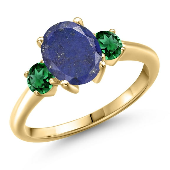 Gem Stone King 10K Yellow Gold Blue Lapis and Green Nano Emerald Engagement Ring for Women | 2.60 Cttw | Oval 9X7MM | Gemstone Birthstone | Size 7