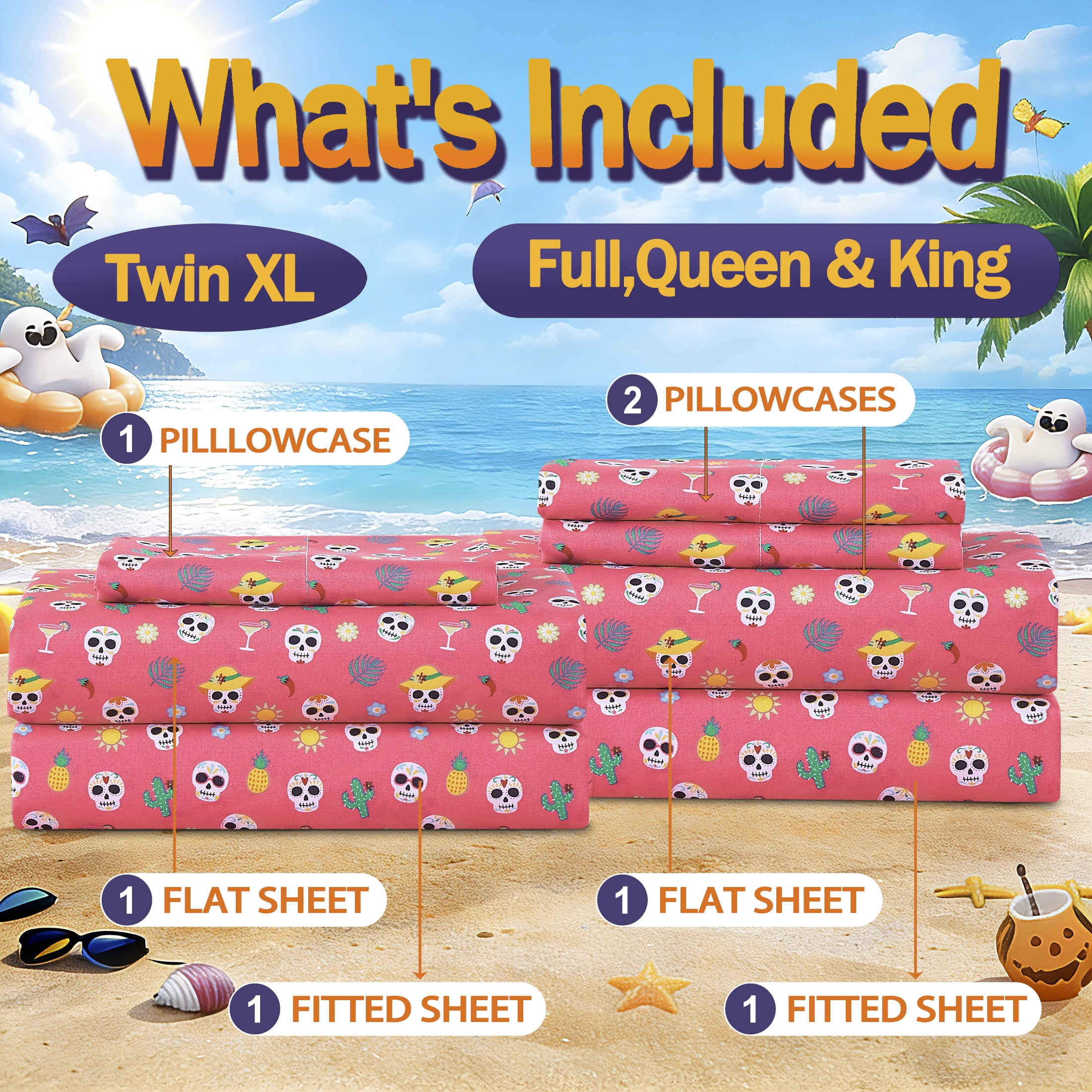 Summerween Soft Microfiber Sheet Set, Fiesta Skulls Pink, Queen