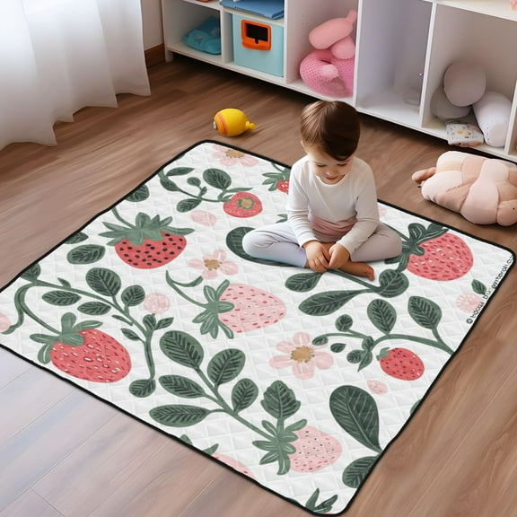 WOBOGO A Seamless Pattern with Cute Strawberries Baby Playmats Extra Large Waterproof Rollable Activity Pads for Toddlers 50×50inch