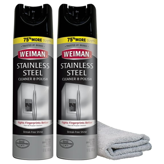 Weiman Stainless Steel Cleaner & Polish Protects Appliances From Fingerprints & Gives a Streak-Free Shine - For Refrigerators, Oven, Dishwasher, Stove - 2 Pack Aerosol Spray with Microfiber Cloth