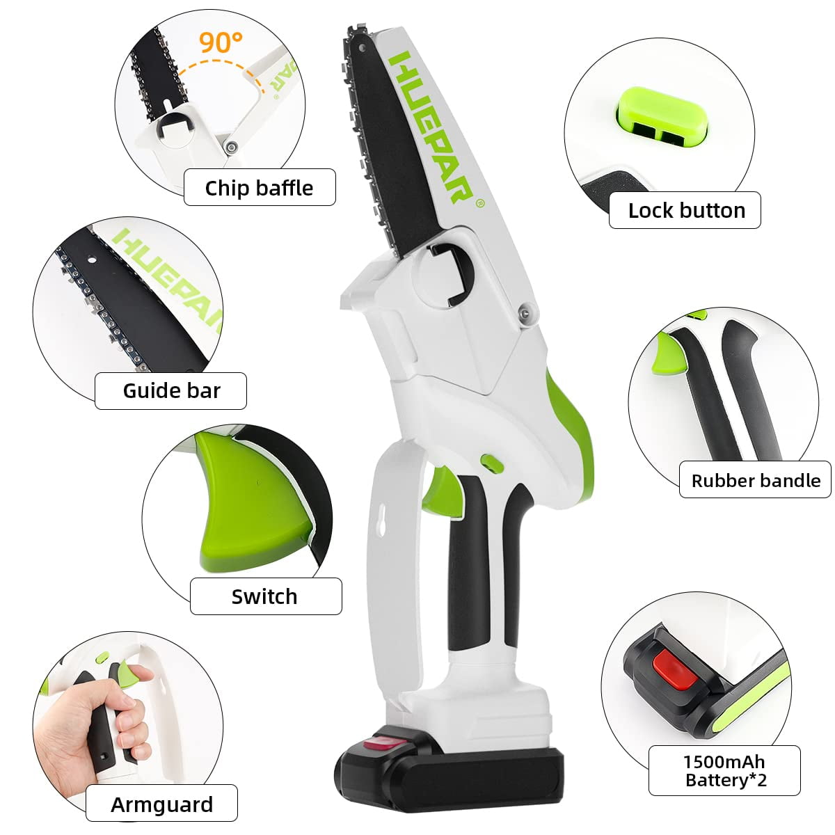 Huepar 6 inch Portable Chainsaw, Chain Speed 32.8ft/s, Cordless Power Chain Saws with 2 Batteries , Mini Handheld Electric Chainsaw for Tree Trimming Branch Wood Cutting CS061