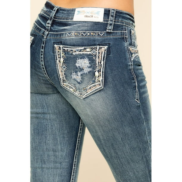 Grace in LA Jeans Women's Medium Wash Distressed Skinny Stretch Jeans