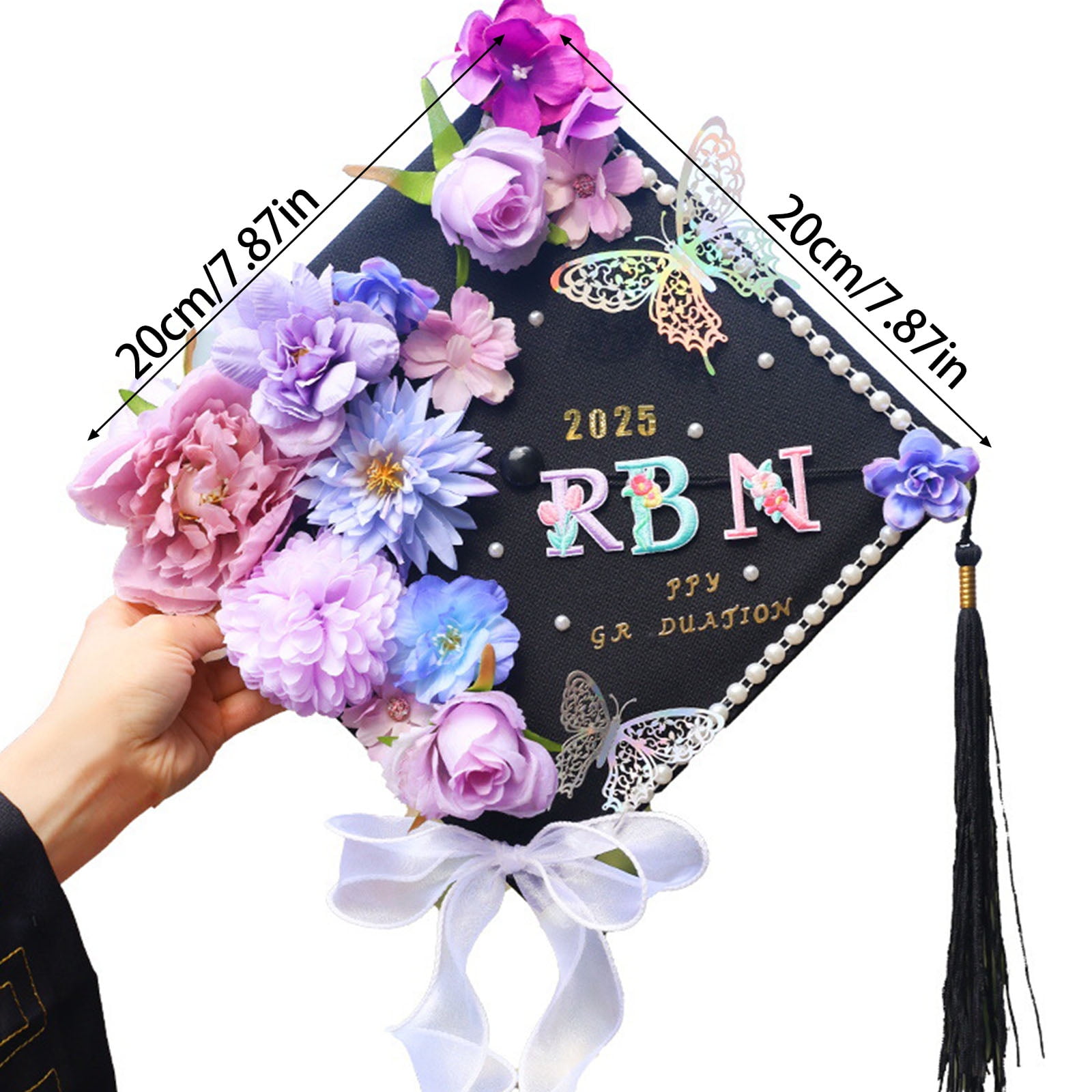 Graduation Hat Top Decoration Set With Butterfly Sticker Artificial Flower Pearls Chain For Art Craft Project