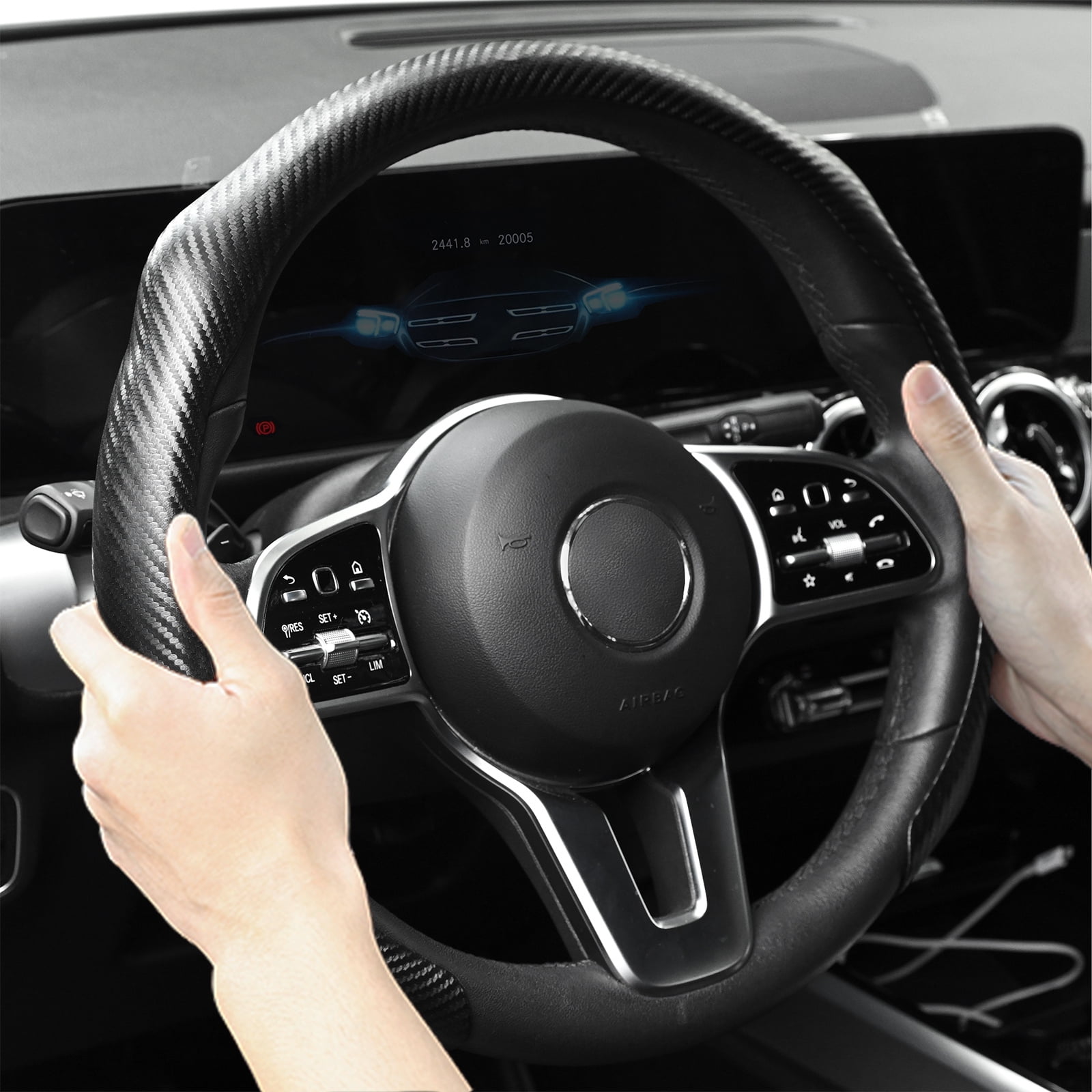 XUKEY Car Steering Wheel Cover Carbon Fiber Non-Slip for 14.5" To 15.5" O/D Type Universal for Honda Civic Accord CR-V