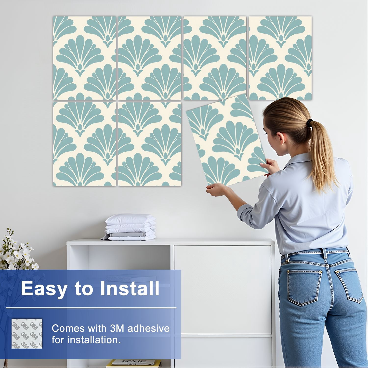 8 Pack Art Acoustic Panels Sound Absorbing Fan Shell Vintage Floral Motif Ivory Decorative Soundproof Wall Panels Self Adhesive for Nursery Game Room Bedroom 48"x32"