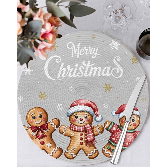 15 Inch Round Placemats Set of 6, Gingerbread Grey Non Slip Heat Insulation PP Table Mats, Christmas Winter Snowflake Washable Place Mats for Kitchen Dining Party Table Decor