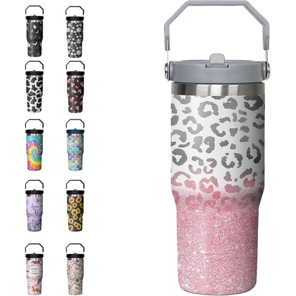 30 oz Tumbler with Handle Flip Straw Leak Proof Tumbler 30 oz Insulated Coffee Mug with Handle 30 oz Pink Leopard Tumbler with Handle and Flip Straw Pink Leopard Print Gifts for Women
