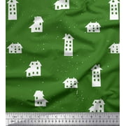 Soimoi Green Cotton Voile Fabric House Architectural Print Fabric by the Yard 42 Inch Wide