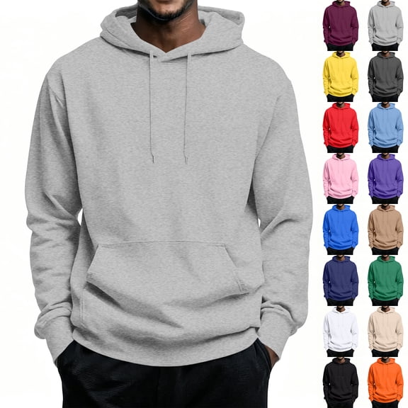 Mens Versatile Solid Fleece Hooded Top, Kangaroo Pocket Drawstring Pullover, Outdoor Gym Walking Sweatshirt Orange XL