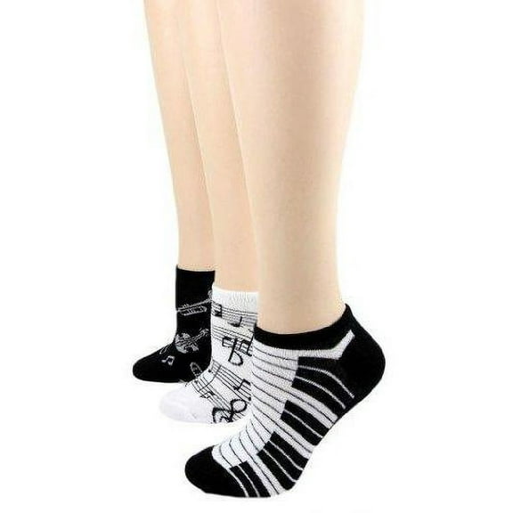 Women's 3-Pairs Musical No-Shows Socks Size 9-11 Black/White