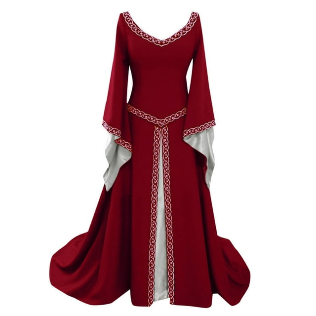 QUYUON Robes Moulantes pour Femmes Élégantes Liquidation Manches Longues Longue Robe Maxi Halloween Robe Rétro Automne Robes Formelles Femmes Col Rond Midi Robe Nuisette Style D-1951 Rouge 3TG