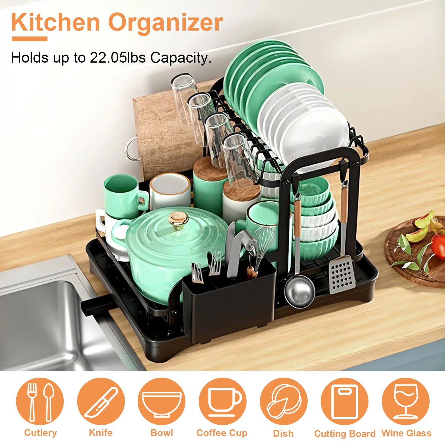 2-Tier Dish Drying Rack for Kitchen Counter TeqHome Rustproof Detachable Kitchen Drainer Organizer Set with Utensil Holder