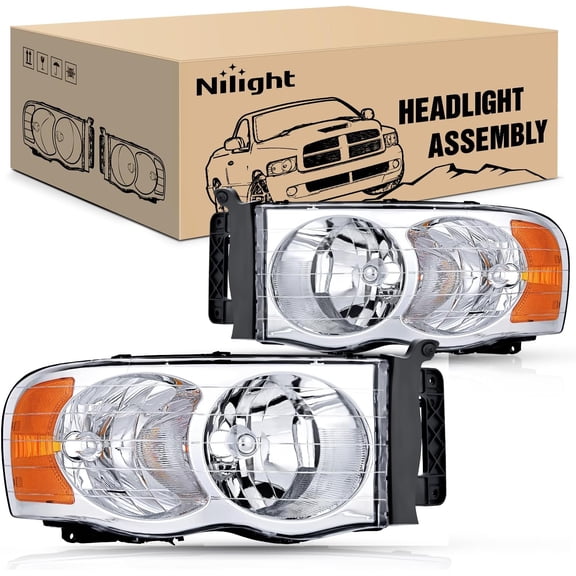 Nilight 2002 2003 2004 2005 Ram 1500 2500 3500 Headlight Assembly Chrome Housing Amber Corner Clear Lens Headlamp Replacement Driver and Passenger Side 2 Pack
